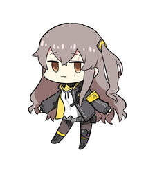  :3 armband black_gloves black_pantyhose breasts brown_eyes chibi commentary_request female fingerless_gloves girls&#039;_frontline gloves grey_hair hood hooded_jacket jacket long_hair looking_at_viewer nemoga one_side_up pantyhose pleated_skirt scar scar_across_eye scar_on_face shin_guards simple_background skirt smile solo ump45_(girls&#039;_frontline) white_background yellow_armband 