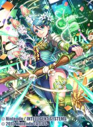  ahoge armored_boots arrow_(projectile) blue_eyes blue_hair boots bow bow_(weapon) character_name commentary_request covered_navel earrings female fingerless_gloves fire_emblem fire_emblem_cipher flower fumi_(butakotai) gloves hair_flower hair_ornament jewelry leaf official_art solo sparkle thighhighs tokyo_mirage_sessions_fe weapon yumizuru_eleanora 