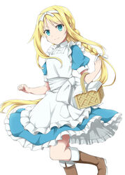  alice_zuberg apron basket blonde_hair blue_eyes blue_shirt blue_skirt boots braid braided_ponytail brown_footwear closed_mouth commentary_request female floating_hair frilled_skirt frills hair_ribbon hairband holding holding_basket knee_boots leg_up lolicon long_hair medium_skirt ribbon shirt short_sleeves sidelocks simple_background single_braid skirt smile solo standing standing_on_one_leg sword_art_online sword_art_online:_alicization tm-pika very_long_hair white_apron white_background white_hairband white_ribbon 