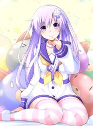  blush choker commentary_request d-pad d-pad_hair_ornament dogoo doria_(p_f_dolia) dress female finger_to_mouth hair_ornament hand_up highres long_hair looking_at_viewer neckerchief nepgear neptune_(series) purple_eyes purple_hair sailor_dress sitting smile solo star_(symbol) starry_background striped_clothes striped_thighhighs stuffed_toy thighhighs thighs white_choker yellow_neckerchief 