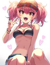  :d bare_shoulders baseball_cap bikini bikini_top_only black_bikini blush bracelet breasts cleavage collarbone commentary_request cutoffs denim denim_shorts eyelashes female floral_print hair_between_eyes hat heart idolmaster idolmaster_cinderella_girls jewelry jougasaki_mika long_hair looking_at_viewer medium_breasts navel open_mouth pink_hair shinonoko_(tubamecider) short_shorts shorts sidelocks simple_background smile solo swimsuit twintails v white_background yellow_eyes 