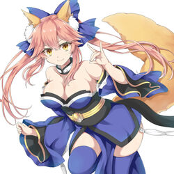  animal_ears blue_bow blue_kimono blue_sleeves blue_thighhighs bow breasts choker cleavage closed_mouth collarbone commentary_request detached_sleeves fate/extra fate/extra_ccc fate_(series) female floating_hair fox_ears fox_shadow_puppet fox_tail hair_between_eyes hairbow japanese_clothes kimono large_breasts leg_up long_hair long_sleeves looking_at_viewer pink_hair side_slit simple_background smile solo standing standing_on_one_leg strapless tail tamamo_(fate) tamamo_no_mae_(fate/extra) thighhighs tm-pika very_long_hair white_background yellow_eyes 