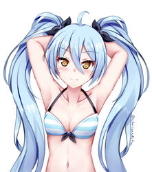  ahoge armpits arms_behind_head arms_up artist_name bare_arms bare_shoulders bikini blue_bikini blue_hair breasts brown_eyes chrisandita cleavage collarbone commentary female front-tie_bikini_top front-tie_top hair_between_eyes hair_ribbon halterneck king&#039;s_raid long_hair looking_at_viewer navel ribbon simple_background small_breasts solo sonia_(king&#039;s_raid) star_(symbol) stomach striped_bikini striped_clothes swimsuit twintails upper_body very_long_hair white_background 