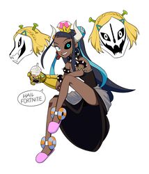  absurdres antennae armlet avengers:_infinity_war avengers_(series) bare_shoulders black_dress black_sclera blonde_hair blue_eyes blue_hair bowsette bowsette_(cosplay) bracelet braid breasts bubble_tea colored_sclera commentary cosplay crown crown_braid cup dark-skinned_female dark_skin diamond_(gemstone) dress drink drinking_straw earrings english_commentary english_text female fidget_spinner flowers-imh fortnite gasterblaster gauntlets hair_ornament hairclip happy heterochromia highres holding holding_poke_ball hoop_earrings horns infinity_gauntlet invisible_chair jewelry jpeg_artifacts leg_up long_hair looking_at_viewer mario_(series) marvel marvel_cinematic_universe medium_dress meme minecraft mismatched_earrings multicolored_hair nessa_(pokemon) new_super_mario_bros._u_deluxe open_mouth pink_footwear pink_headwear poke_ball poke_ball_(basic) pokemon pokemon_swsh princess_zelda princess_zelda_(cosplay) sans_(undertale) short_hair shrek shrek_(series) simple_background single_gauntlet sitting skull slippers small_breasts smile solo_focus speech_bubble spiked_bracelet spikes strapless strapless_dress super_crown talking teeth the_legend_of_zelda the_legend_of_zelda:_breath_of_the_wild too_many_memes two-tone_hair undertale very_long_hair white_background white_eyes 