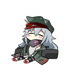  assault_rifle blush_stickers chibi closed_eyes commentary_request female g11_(girls&#039;_frontline) girls&#039;_frontline gun h&amp;k_g11 hat jacket long_hair nemoga rifle scarf simple_background sitting solo weapon white_background 