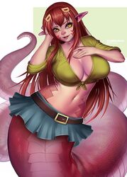  artist_name bad_id bad_twitter_id belt bokuman breasts commentary english_commentary female hair_ornament hair_over_breasts hair_over_one_breast hair_over_shoulder hairclip hands_on_own_breasts inactive_account lamia large_breasts lips long_hair looking_at_viewer midriff miia_(monster_musume) miniskirt monster_girl monster_musume_no_iru_nichijou navel oerba_yun_fang open_mouth pointy_ears red_hair scales shirt skirt slit_pupils solo tail tied_shirt yellow_eyes 