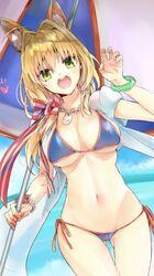  :d absurdres ahoge animal_ear_fluff animal_ears ass_visible_through_thighs beach_umbrella bikini blonde_hair blue_bikini blush breasts collarbone commentary_request cosplay fate/extra fate/grand_order fate_(series) female fingernails fox_ears green_eyes groin hair_between_eyes hair_intakes hand_up heart highres large_breasts long_hair low_twintails navel nero_claudius_(fate) nero_claudius_(fate/extra) open_mouth round_teeth side-tie_bikini_bottom smile solo swimsuit tamamo_(fate) tamamo_no_mae_(swimsuit_lancer)_(fate) tamamo_no_mae_(swimsuit_lancer)_(fate)_(cosplay) tamamo_no_mae_(swimsuit_lancer)_(third_ascension)_(fate) teeth tomozero towel twintails umbrella upper_teeth_only 