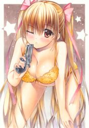  bent_over blonde_hair blush bow bra breasts cleavage collarbone commentary_request female floral_print gun hairbow hand_on_own_knee hidan_no_aria highres holding holding_gun holding_weapon long_hair looking_at_viewer medium_breasts mine_riko one_eye_closed panties parted_lips pastel_(medium) pink_bow print_bra red_eyes ribbon solo standing star_(symbol) traditional_media twintails underwear underwear_only very_long_hair weapon yellow_bra yellow_panties yellow_ribbon yuto_takumi 