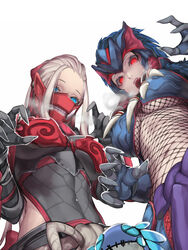  1other 2girls armor bangs_pinned_back black_leotard blue_eyes blue_hair bodysuit breastplate breasts character_doll claw_pose commentary covered_face eyelashes fishnet_bodysuit fishnets forehead_protector from_below grey_hair heavy_breathing highres kumiko_shiba large_breasts leotard looking_at_viewer looking_down mask monster_hunter:_world monster_hunter_(character) monster_hunter_(series) multiple_girls nargacuga_(armor) navel odogaron_(armor) oerba_yun_fang open_mouth red_eyes sleeveless tusks underboob white_background wiggler_helm_(armor) 