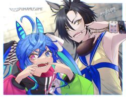  2girls @_@ ahoge air_shakur_(umamusume) animal_ears artist_name black_hair black_nails blue_eyes blue_hair border bracelet chains coat commentary_request copyright_name dated ear_piercing eyebrow_piercing finger_in_own_mouth fingernails hair_between_eyes hair_over_one_eye heterochromia highres horse_ears horse_girl jewelry long_hair long_sleeves mouth_pull multicolored_hair multiple_girls nail_polish open_mouth outside_border partial_commentary piercing purple_eyes ring ryusei_(ryusei_b) sharp_teeth shirt sleeveless sleeveless_shirt teeth trait_connection twin_turbo_(umamusume) twintails umamusume white_border yellow_eyes 