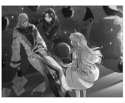  1boy 2girls female_lord_(lord_of_heroes) greyscale highres korean_commentary long_hair lord_(lord_of_heroes) lord_of_heroes monochrome moonnacorn mu_(lord_of_heroes) multiple_girls planet planetary_ring rouin_(lord_of_heroes) sky star_(sky) starry_sky twintails 