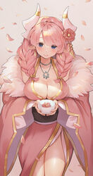  absurdres blue_eyes blush braid breasts commentary dragon_girl dragon_horns female flower hair_flower hair_ornament highres horns lairei_yen lairei_yen_(light) laon large_breasts looking_at_viewer lord_of_heroes pink_hair pointy_ears revealing_clothes solo symbol-only_commentary thick_thighs thighs traditional_clothes twin_braids white_horns 