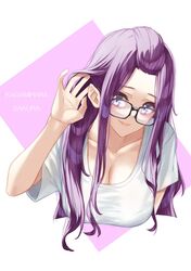  banana_oekaki bangs_pinned_back blue_eyes breasts character_name cleavage commentary_request english_text female framed glasses hand_in_own_hair hand_up highres kagamihara_sakura large_breasts lips long_hair looking_to_the_side purple_hair shirt simple_background smile solo t-shirt tucking_hair upper_body white_shirt yurucamp 