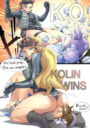  ! 2girls ? blonde_hair blue_eyes brown_eyes brown_hair chun-li english_text goggles goggles_on_head jelly_shrimp k.o. kolin long_hair lying multiple_girls night_vision_device on_back sitting sitting_on_face sitting_on_person speech_bubble street_fighter yuri 