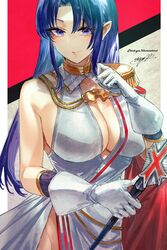  absurdres azur_lane breasts cape cleavage cosplay dress epaulettes evening_gown fate/stay_night fate_(series) female gloves halterneck highres holding holding_scepter large_breasts looking_at_viewer medea_(fate) military military_uniform pointy_ears purple_eyes purple_hair red_cape scepter second-party_source signo_aaa solo tanaka_atsuko tirpitz_(azur_lane) tirpitz_(azur_lane)_(cosplay) tirpitz_(iron_blood_snowstorm)_(azur_lane) uniform voice_actor_connection white_dress white_gloves 