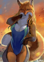  2022 5_fingers anthro biped black_nose blue_clothing breasts brown_body brown_fur canid canine clothed clothing detailed_background eyebrows facial_tuft female fingers fox fur hair hi_res inner_ear_fluff juliathedragoncat long_hair mammal multicolored_body multicolored_clothing one-piece_swimsuit orange_body orange_eyes orange_fur orange_hair red_fox reyna_(reynafox) seaside smile solo swimwear true_fox tuft white_body white_fur 