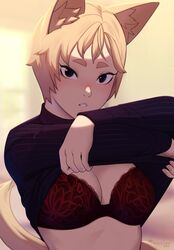  animal_ear_fluff animal_ears black_eyes blonde_hair bra breasts cat_ears cat_tail clothes_lift commentary female iradel_gensei lifting_own_clothes long_sleeves looking_at_viewer medium_breasts no_eyewear original parted_lips razalor red_bra shirt_lift short_hair solo symbol-only_commentary tail thick_eyebrows turtleneck underwear upper_body 