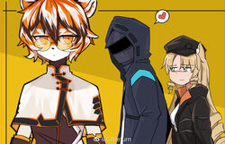  5_fingers animal_humanoid arknights black_body black_fur black_hair blonde_hair cbreturn clothed clothing distracted_boyfriend eyewear faceless_character faceless_male felid female fingers fur glasses green_eyes group hair hat headgear headwear hi_res hooded_jacket humanoid hypergryph long_hair male mammal meme multicolored_body multicolored_fur multicolored_hair orange_body orange_fur orange_hair pantherine speech_bubble striped_body striped_fur stripes studio_montagne tiger waaifu_(arknights) white_body white_fur white_hair 