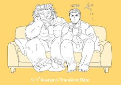  angel anthro arsalan_(tas) beverage coffee container cup duo felid furniture halo human la_nuit36 lifewonders lion male male/male mammal mug muscular muscular_anthro muscular_male pantherine smile sofa tokyo_afterschool_summoners zabaniyya_(tas) 