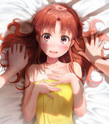  2girls all_fours blush brown_eyes brown_hair collarbone commentary_request female_pov hair_down highres long_hair looking_at_viewer lying misaka_mikoto multiple_girls naked_towel pov pov_hands shadow shirai_kuroko solo_focus toaru_kagaku_no_railgun toaru_majutsu_no_index towel upper_body wavy_hair wet yonabe yuri 