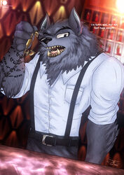  absurd_res anthro black_eyes black_nose blue_body blue_fur bluewolfartista canid canine canis claws electronics english_text eyebrows feral fluffy fluffy_hair fur hair hi_res hotel_room hybrid male mammal muscular muscular_anthro muscular_male phone sharp_teeth solo tattoo teeth text wolf 