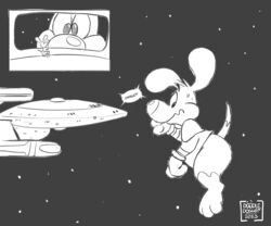  6:5 absurd_res beagle canid canine canis clip_studio_paint_(artwork) digital_media_(artwork) domestic_dog doodle_(doodledoggy) doodledoggy goo_creature hi_res hunting_dog macro mammal monochrome scent_hound space spacecraft star star_trek toonkind toony vehicle 