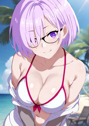  absurdres bikini blurry blurry_background blush breasts cleavage curio_(curiofinity) fate/grand_order fate_(series) female glasses hair_over_eyes hair_over_one_eye highres large_breasts light_purple_hair long_bangs looking_at_viewer mash_kyrielight navel off_shoulder outdoors purple_eyes purple_tail smile solo stomach swimsuit 