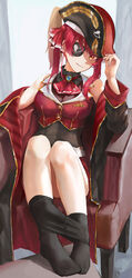  absurdres arrow_through_heart ascot bicorne black_coat black_leotard breasts brooch choker cleavage closed_mouth clothes_pull coat commentary convenient_leg covered_navel cropped_jacket eyepatch feet female frilled_choker frills full_body gold_trim grey_background hair_ribbon hand_up hat highres hololive houshou_marine houshou_marine_(1st_costume) jacket jewelry knees_up large_breasts leaning_back legs_together leotard leotard_under_clothes long_sleeves looking_at_viewer miniskirt no_shoes non09_24 on_chair orange_eyes pantyhose pantyhose_pull pirate pirate_hat pleated_skirt red_ascot red_hair red_jacket red_ribbon red_skirt ribbon see-through see-through_cleavage see-through_leotard see-through_midriff shadow sitting skirt sleeveless sleeveless_jacket smile solo toes twintails virtual_youtuber 