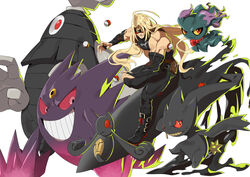  absurdres banette blonde_hair crossover dusclops full_body gengar grin guilty_gear guilty_gear_strive highres long_hair makai mask mega_gengar mega_pokemon misdreavus poke_ball poke_ball_(basic) pokemon pokemon_(creature) simple_background smile white_background yamask zato-1 