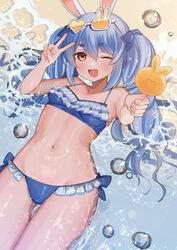  absurdres alternate_costume animal_ears beach bikini blue_bikini blue_hair blue_ribbon blush breasts commentary_request eyewear_on_head female frilled_bikini frills hair_ribbon hands_up highres holding hololive long_hair looking_at_viewer lying mixed-language_commentary navel ocean on_back one_eye_closed open_mouth partially_submerged rabbit-shaped_eyewear rabbit_ears red_eyes ribbon siose_tamotsu small_breasts smile solo sunglasses swimsuit thick_eyebrows twintails usada_pekora v virtual_youtuber 