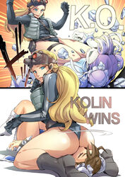  2girls blonde_hair blue_eyes brown_eyes brown_hair chun-li duplicate goggles goggles_on_head jelly_shrimp k.o. kolin long_hair lying multiple_girls night_vision_device on_back pixel-perfect_duplicate sitting sitting_on_face sitting_on_person street_fighter yuri 