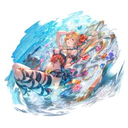  alpha_transparency arm_garter arm_up bikini blonde_hair blue_flower blush breasts cleavage day female flower frilled_bikini frills full_body granblue_fantasy hair_between_eyes hair_flower hair_ornament hibiscus large_breasts leg_ribbon long_hair looking_at_viewer lying minaba_hideo navel ocean official_alternate_costume official_art on_back open_mouth outdoors partially_submerged pink_flower red_eyes red_flower ribbon smile solo stomach swimsuit thigh_ribbon transparent_background very_long_hair vira_(granblue_fantasy) vira_(summer)_(granblue_fantasy) water white_bikini 