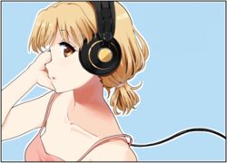  bare_shoulders blonde_hair blue_background brown_eyes collarbone female hand_on_own_ear headphones k-on! k-on!_shuffle kakifly looking_at_viewer official_art open_mouth pink_tank_top sakuma_yukari simple_background solo tank_top third-party_edit tied_hair 