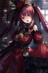  absurdres bare_shoulders bow breasts chandelier cleavage corset detached_sleeves dress female flower gothic_lolita hair_ribbon hat heterochromia highres hololive houshou_marine houshou_marine_(gothic_lolita) large_breasts lens_flare lolita_fashion long_hair mamima mini_hat mini_top_hat official_alternate_costume official_alternate_hair_length official_alternate_hairstyle open_mouth pocket_watch red_dress red_eyes red_hair ribbon rose see-through see-through_cleavage smile solo table top_hat twintails very_long_hair virtual_youtuber watch window yellow_eyes 