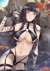  azur_lane bikini black_bikini black_hair black_thighhighs blush breasts breasts_apart cleavage day dead_or_alive dead_or_alive_xtreme female fishnet_armwear fishnet_legwear fishnets gloves hime_cut karen_ngao long_hair mole mole_under_mouth navel nyotengu nyotengu_(scarlet-tinged_hot_spring_vacation)_(doa) o-ring onsen outdoors parted_lips partially_submerged purple_eyes solo swimsuit thighhighs underboob wading water wet 