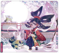  aona_(ns) bell black_eyes black_hair broken broken_sword broken_weapon commentary female floral_print full_body hagoromo hair_rings japanese_clothes jingle_bell kappa long_hair looking_at_viewer mizura sakuna-hime shawl smile standing sword symbol-only_commentary tama-jii tensui_no_sakuna-hime weapon wide_sleeves 