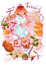  absurdres ahoge anmitsu_(dessert) apple apple_rabbit apple_slice bow bowl breast_pocket brown_hair closed_eyes collared_shirt commentary crepe daifuku dango dessert eating english_commentary english_text female food food_art fruit fruit_sandwich happy heart heart_background highres ice_cream ichigo_daifuku leaf matcha_(food) mitarashi_dango mixed-language_commentary mizu_shingen_mochi multicolored_hair original pancake parfait plate pleated_skirt pocket pocky pudding red_bow red_hair sakura_mochi shirt shoes short_hair short_sleeves skirt smile snow_rabbit solo souffle_pancake spoon strawberry taiyaki tea utensil_in_mouth wagashi white_footwear white_shirt white_skirt xinru9886 