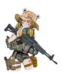  alternate_costume ass_visible_through_thighs assault_rifle bandaid bandaid_on_cheek bandaid_on_face blonde_hair camouflage closed_eyes cropped_legs daewoo_k2 digital_camouflage facepaint female food foregrip gun handgun holster korean_text long_hair moriya_suwako nakamura_3sou one-piece_swimsuit patch popsicle pyonta rifle smile solo south_korean_flag swimsuit thigh_holster thighs touhou weapon white_background 