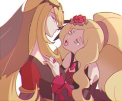  2girls black_dress blonde_hair caitlin_(fall_2021)_(pokemon) caitlin_(pokemon) cynthia_(pokemon) cynthia_(sygna_suit)_(renegade)_(pokemon) dress fangs gem hair_ornament hand_on_another&#039;s_chest jewelry long_hair multiple_girls official_alternate_costume open_mouth pokemon pokemon_masters_ex ponytail ring ssalbulre upper_body veil very_long_hair white_background yuri 