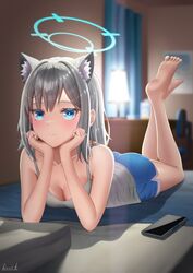  alternate_costume animal_ear_fluff animal_ears ass bare_arms barefoot bedroom blue_archive blue_eyes blue_shorts blush breasts cellphone cleavage closed_mouth commentary dolphin_shorts extra_ears feet female full_body grey_hair grey_shirt halo head_rest highres indoors kayama_kouji legs_up long_hair lying medium_breasts on_stomach phone shiroko_(blue_archive) shirt short_shorts shorts sleeveless sleeveless_shirt smartphone smile soles solo the_pose toes wolf_ears 