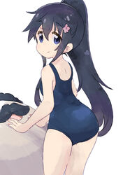  aosora_neko ass black_hair blue_eyes blue_one-piece_swimsuit female flower from_behind hair_flower hair_ornament hairclip higero_(wataten) highres long_hair looking_back one-piece_swimsuit ponytail school_swimsuit shirosaki_hana simple_background smile solo swimsuit thighs watashi_ni_tenshi_ga_maiorita! white_background 