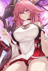  absurdres animal_ears bad_id bad_pixiv_id bare_shoulders breasts cherry_blossoms commentary crossed_bangs detached_sleeves english_commentary falling_leaves female fox_ears from_below genshin_impact grin hair_between_eyes highres holding japanese_clothes large_breasts leaf long_hair looking_at_viewer mookie_(e_mook9) pink_hair pink_nails purple_eyes shirt sleeveless smile solo thighs torii white_shirt white_sleeves yae_miko 