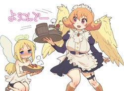  2020 alternative_fashion angel angel_humanoid apron blonde_hair blue_eyes breasts clothed clothing crimvael_(interspecies_reviewers) duo feathered_wings feathers female food footwear frilly frilly_apron frilly_clothing fully_clothed hair halo hi_res humanoid interspecies_reviewers j-fashion lolita_(fashion) meidri_(interspecies_reviewers) milky_tossy not_furry orange_hair sandals simple_background text white_background winged_humanoid wings 