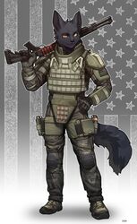  2022 absurd_res amber_eyes american_flag anthro benelli_m4 black_body black_fur boots bulletproof_vest camo camo_print canid canine clothed clothing digital_media_(artwork) explosives footwear fully_clothed fur gloves grenade gun hand_on_hip handwear hi_res holding_gun holding_object holding_ranged_weapon holding_weapon inner_ear_fluff knee_pads looking_at_viewer m1014 male mammal pgm300 plantigrade ranged_weapon shaded shotgun shoulder_pads solo tuft united_states_of_america weapon 