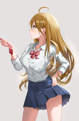  absurdres ahoge bad_id bad_twitter_id blonde_hair bow bowtie commentary female from_side hand_on_own_hip highres long_hair looking_to_the_side necktie necktie_grab neckwear_grab original red_bow red_bowtie school_uniform shirt skirt symbol-only_commentary white_background white_shirt yj_(yojo_san) 