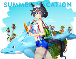  ahoge alternate_costume alternate_hairstyle animal_ears bag bare_shoulders black_hair blue_eyes blue_shorts blush bracelet breasts character_doll chromatic_aberration claw_hair_clip commentary corn_cob cowboy_shot crop_top english_text female food from_side fruit hair_bun holding holding_skewer horse_ears horse_girl horse_tail inflatable_toy jewelry katsuragi_ace_(umamusume) looking_at_viewer looking_to_the_side lotion mr._c.b._(umamusume) multicolored_hair navel open_mouth palm_tree photo_background quatraise shirt short_hair short_shorts shorts single_thighhigh skewer skindentation small_breasts smile solo sparkle streaked_hair sunglasses sunscreen symbol-only_commentary tail tank_top thighhighs tree tumblr_username twitter_username umamusume unworn_eyewear walking watermelon white_shirt wristband 