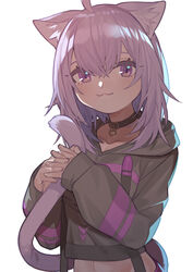  :3 absurdres animal_ears black_hoodie buckle cat_ears cat_girl cat_tail closed_mouth collar collarbone eyebrows_hidden_by_hair female highres hololive hood hoodie long_sleeves looking_at_viewer nao_(syn_eaa) navel nekomata_okayu nekomata_okayu_(1st_costume) purple_eyes purple_hair short_hair simple_background sleeves_past_wrists smile solo tail upper_body virtual_youtuber white_background 