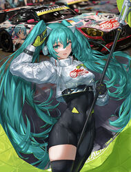  :d absurdres aqua_eyes aqua_hair black_bodysuit black_thighhighs bodysuit breasts car clothes_writing commentary cowboy_shot crop_top female flag flagpole goodsmile_racing hair_between_eyes hatsune_miku headphones highres holding holding_flag itasha long_hair long_sleeves looking_at_viewer medium_breasts mercedes-benz mercedes-benz_amg_gt motor_vehicle official_alternate_costume open_mouth race_queen race_vehicle racecar racing_miku racing_miku_(2019) racing_miku_(2022) salute sawkm signature single_thighhigh smile solo super_gt thighhighs twintails two-finger_salute two-tone_gloves very_long_hair vocaloid 