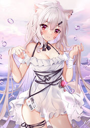  ahoge animal_ear_fluff animal_ears artist_name bandaged_leg bandages bare_shoulders blush breasts cat_ears cleavage collarbone commentary_request dress ear_piercing facial_mark female frilled_dress frills hair_between_eyes hair_ornament hairclip hands_up highres holding holding_own_hair horizon indie_virtual_youtuber long_hair looking_at_viewer medium_breasts nail_polish ocean off-shoulder_dress off_shoulder outdoors parted_lips patreon_username piercing pink_nails red_eyes shyrei_faolan solo squchan twitter_username very_long_hair virtual_youtuber water water_drop watermark web_address whisker_markings white_dress white_hair 