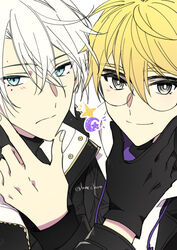  2boys blonde_hair blue_eyes elf glasses gloves grey_eyes johan_talede johan_talede_(light) korean_commentary looking_at_viewer lord_of_heroes lovechro male_focus mikhail_blake mikhail_blake_(dark) mole mole_under_eye multiple_boys pale_skin pointy_ears white_hair 